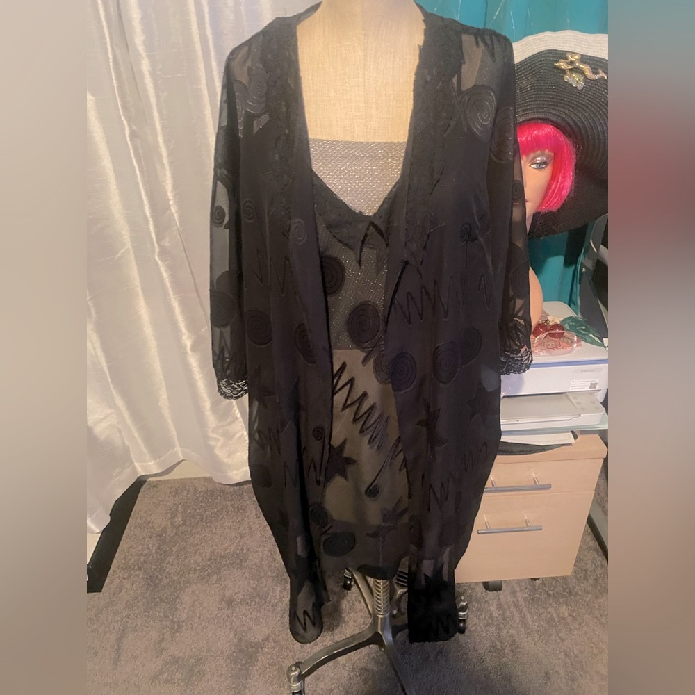 Vintage two piece, glamorous, camisole, and matching coat black sheer  pattern